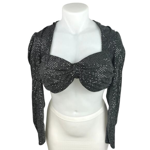Fashion to Figure Leandra Black Puff Sleeve Metallic Sequin Ruched Crop Top Sz L - Picture 1 of 9